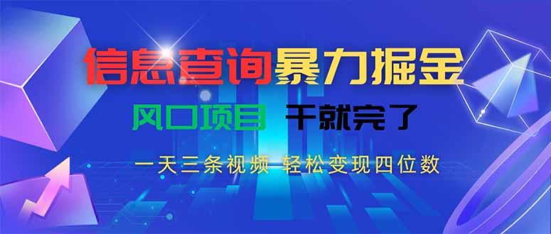信息查询暴力掘金，一天三条视频 轻松变现四位数，风口项目干就完了-娱乐网赚