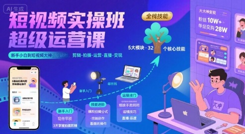 短视频实操班超级运营课，新手小白到短视频大神必修课程，剪辑-拍摄-运营-直播-变现-娱乐网赚