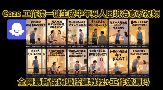 coze工作流一键生成”中年男人困境扎心高涨粉高播放量图文视频”保姆级拆解教程，无需剪辑，无需拍摄写文案-娱乐网赚