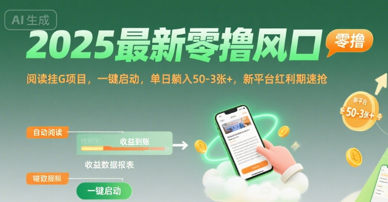 2025最新零撸风口，阅读挂G项目，一键启动，单日躺入 50-3张+，新平台红利期速抢【揭秘】-娱乐网赚