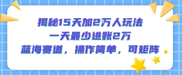 揭秘15天加2W人玩法，一天最少2万进账，蓝海赛道，操作简单，可矩阵-娱乐网赚