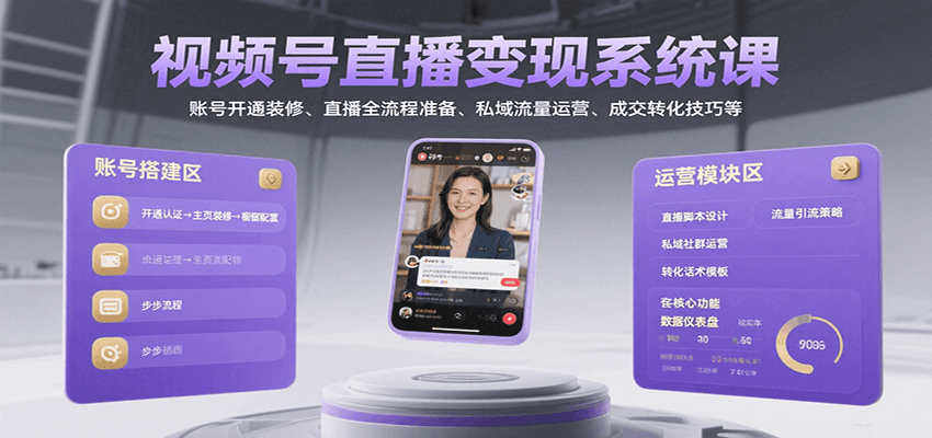 视频号直播变现系统课，账号开通装修、直播全流程准备、私域流量运营、成交转化技巧等-娱乐网赚