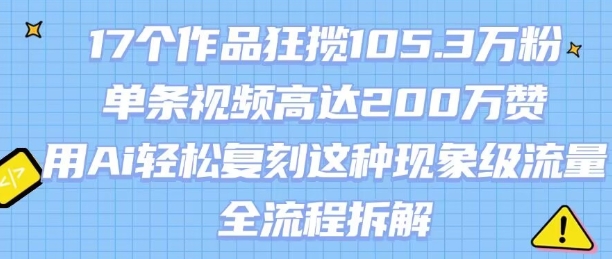 17个作品狂揽105.3W粉，单条视频高达200W赞，用Ai轻松复刻这种现象级流量!(全流程拆解)-娱乐网赚