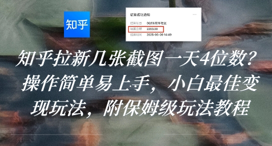 知乎拉新几张截图一天4位数？操作简单易上手，小白最佳变现玩法，附保姆级玩法教程-娱乐网赚