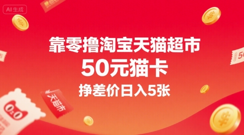 靠零撸淘宝天猫超市50元猫卡，挣差价日入5张-娱乐网赚