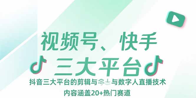 视频号、快手、抖音三大平台的剪辑与数字人直播技术，内容涵盖20+热门赛道-娱乐网赚
