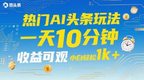 热门AI头条玩法，一天10分钟，收益可观，小白轻松日入1k+【揭秘】-娱乐网赚