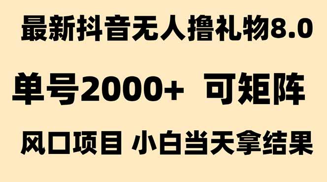 抖音无人撸礼物8.0玩法 全新风口   见效果快  全无人  单号当天产出2000+-娱乐网赚
