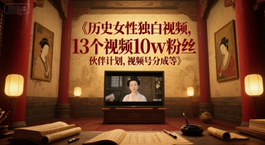 历史女性独白视频，13个视频10w粉丝，伙伴计划，视频号分成等-娱乐网赚