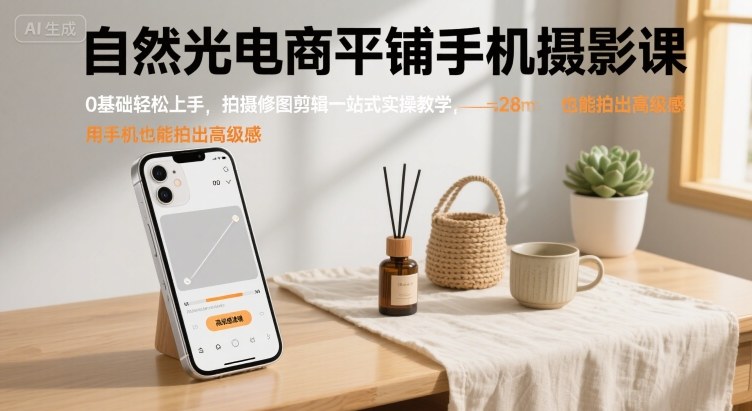 自然光电商平铺手机摄影课，0基础轻松上手，拍摄修图剪辑一站式实操教学，用手机也能拍出高级感-娱乐网赚
