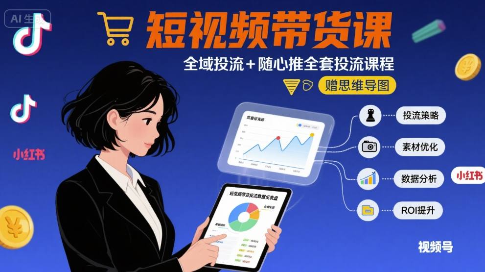 最新短视频带货课，全域投流+随心推全套投流课程+思维导图-娱乐网赚