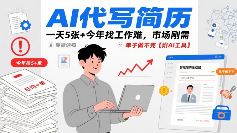 AI代写简历，一天5张+今年找工作难，市场刚需，单子做不完【附AI工具】-娱乐网赚