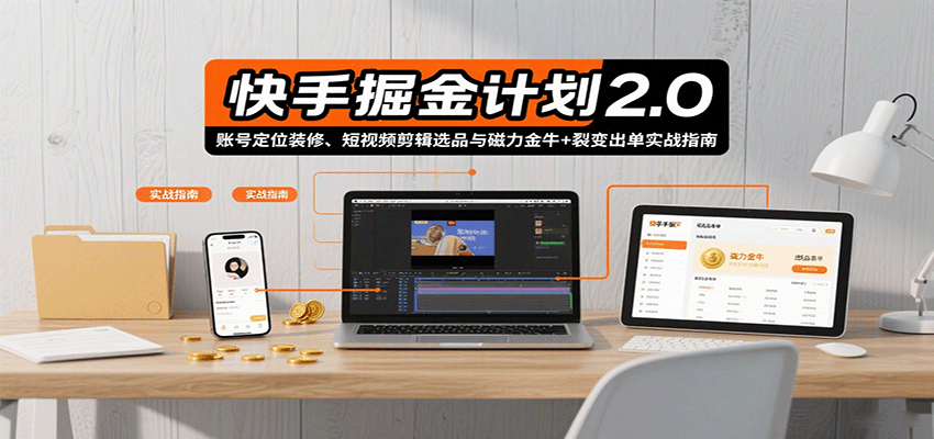 快手掘金计划2.0，账号定位装修、短视频剪辑选品与磁力金牛+裂变出单实战指南-娱乐网赚