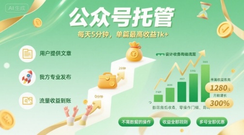 【公众号托管 】我提供文章，你发布，每天5分钟，单篇最高收益1k+【揭秘】-娱乐网赚
