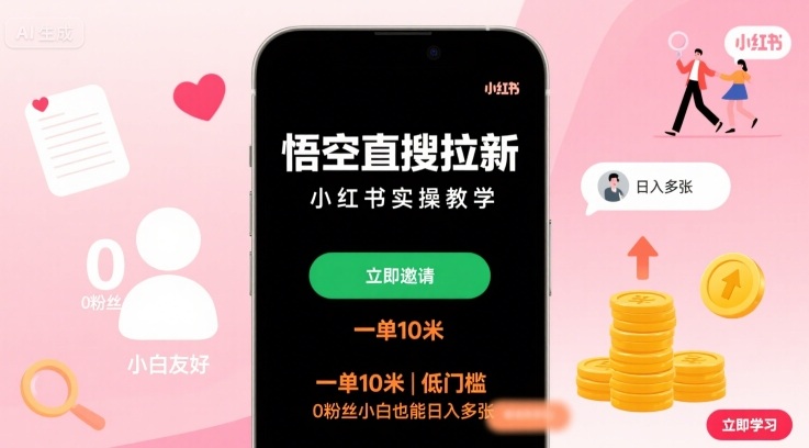 悟空直搜拉新小红书实操教学，一单10米，低门槛，0粉丝小白也能日入多张-娱乐网赚