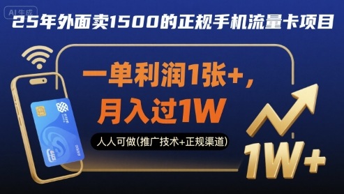 25年外面卖1500的正规手机流量卡项目，一单利润1张+，月入过1W，人人可做(推广技术+正规渠道)【揭秘】-娱乐网赚